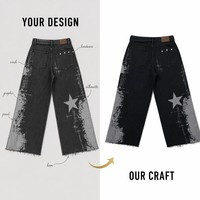 Jean droit ample personnalisé pour homme, imprimé bleu-rouge, avec broderie étoile, panneau 14oz, poids moyen, effet vieilli, patchwork, fabricant OEM