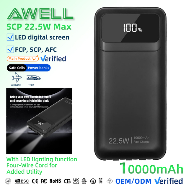10000mAh Built-in Cable Power Bank with LED Display Multi Output 22.5W Fast Charging Portable Charger