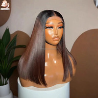 Peluca de cabello humano Remy vietnamita virgen con cutícula alineada, lisa, sin pegamento, con encaje frontal HD suizo, color 1B/marrón ombré.