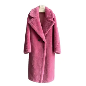 Design de moda Pink Teddy Fur Coat Mulheres Real Lamb Wool Coat Longo Teddy Coat