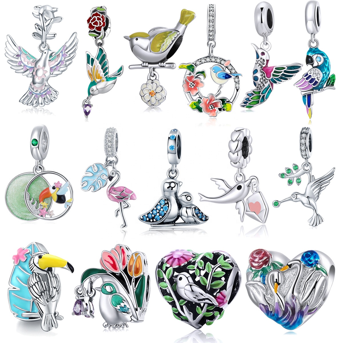 Fine Jewelry 925 Sterling Silver Jewelry Enamel Birds Pendants And Charms