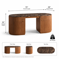 Bureau de direction moderne de 70 pouces avec deux piedestaux cannelés, finition bois foncé, plateau aspect marbre et rangement pour bureau à domicile