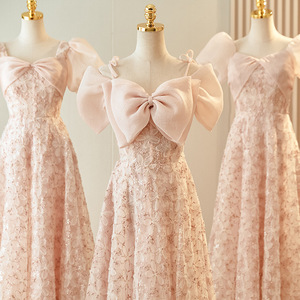 Pink Bridesmaid Dress Empire Waist A-Line Strapless 3D Floral Lace Evening Gown For Wedding Women - Product Image 4
