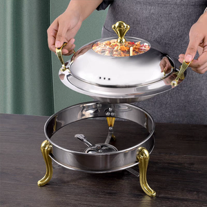 Round Stainless Steel Heating Chaffing Dish <strong>with</strong> Durable Frame <strong>Lid</strong> <strong>Buffet</strong> Warmer <strong>Tray</strong> for Hotel Food Warmer Including Wood Glass - Product Image 3