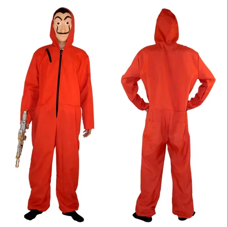 Kostum Cosplay Halloween Jumpsuit merah Heist The House of Paper untuk pria dewasa set pencetakan Digital poliester setelan animasi