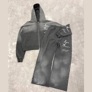 Streetwear 100% coton éponge française de haute qualité délavé à l'acide Ensemble de sweat à capuche pour homme Pantalon de survêtement d'hiver vintage décontracté - Product Image 2