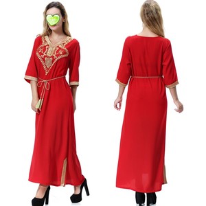 Robe d'été pour femmes, col en V, manches courtes, grande taille, broderie, kaftan musulman, robes maxi, abaya turque, vêtements ethniques - Product Image 5