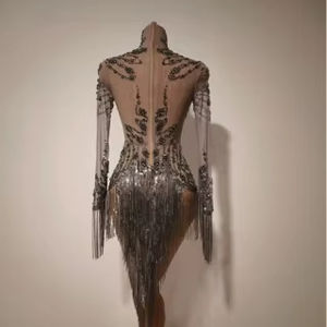 Vestido de una Pieza de Gasa Transparente con Lentejuelas de Agua y Borlas de Azúcar, Disfraz Sexy para Espectáculos de Baile Latino y Animación - Product Image 4