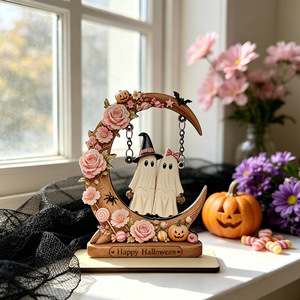 Letrero de Madera para Mesa de Halloween, Adorno de Escritorio con Figura de Pareja de Fantasmas en Columpio y Luna Floral, Decoración <span class=keywords><strong>Pastel</strong></span> para el Hogar en Halloween - Product Image 3