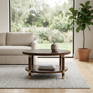 Table basse ronde en bois mobile avec étagère inférieure, design traditionnel, apparence moderne, fonction de rangement pour salon - Product Image 1