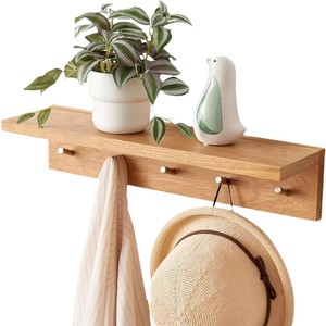 Étagère murale en bois avec crochets pour clés, sacs, serviettes, organisateur d'entrée de maison, rectangulaire, couleur bois naturel - Product Image 5