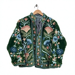 OEM Custom <b>Women</b> Floral Embroidery <b>Velvet</b> Suzani Jacket Elegant Mandarin Collar Long Sleeve Autumn Ladies <b>Coat</b> Outerwear - Product Image 1