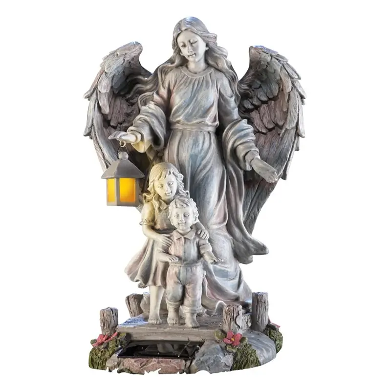 Factory Handmade Guardian Angel and Children Solar Light Religious Fairy Garden Stone Resin Sculpture