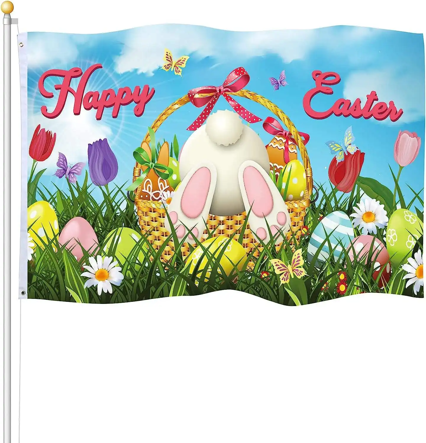 علم عيد الفصح السعيد الترويجي Huiyi 3x5 قدم ذيل الأرنب بيضة العلم مع جروميت من جانب واحد للمنزل عطلة لافتة في الهواء الطلق