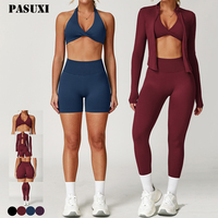 PASUXI Vente en gros de vêtements de sport et de yoga de haute qualité, ensemble de 4 pièces, haut court à manches longues taille haute, leggings, soutien-gorge, léger, écologique, pour la salle de sport