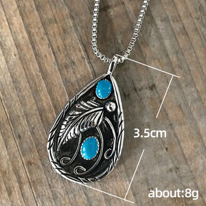 Collana con Ciondolo a Goccia Vintage per Donne, Design con Piuma in Rilievo, Charm con Pietra Blu-Verde, Gioiello alla Moda, Regalo - Product Image 5