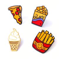 Badge personnalisé en émail découpé sur mesure pour frites, pop-corn, pizza, crème glacée, restaurant de restauration rapide, gourmet, pour placage or, forme et couleur personnalisées