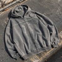 Sweat à capuche zippé surdimensionné pour homme, 460 GSM, coupe lourde, délavé à l'acide, impression DTG, fermeture éclair bidirectionnelle, style streetwear vintage, OEM ODM Marque Privée