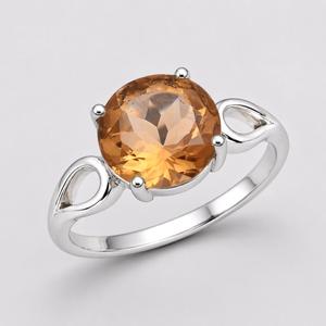 Bague de fiançailles de luxe en argent sterling 925 avec citrine, solitaire rond facetté serti à quatre griffes - Product Image 4