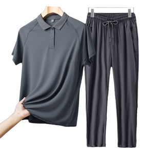 Ensemble deux pièces pour homme, t-shirt à manches courtes en polyester tricoté décontracté et confortable + pantalon, pour l'été - Product Image 1