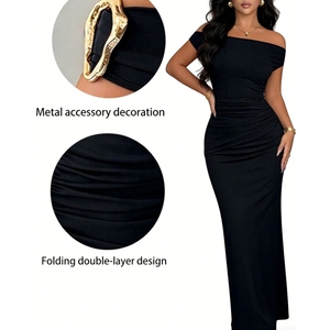 Women's Off-Shoulder Ruched Maxi Dress - Metal Bodycon Formal Gown Dresses Fashion - Product Image 2