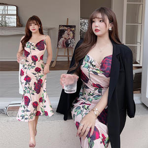 Vestido de Verano Runqi N8414 Talla Grande con Estampado Floral, Corte en Biás, Cola de Pez, Color Rosa, Cintura Natural, Sin Tirantes, para Mujer - Product Image 4