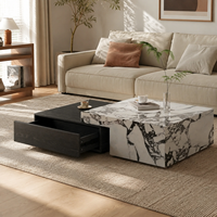 Ensemble de tables basses carrées modernes avec plateau en marbre, armoires en bois et dessus de table coulissants doubles