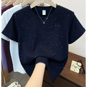 T-shirt da <span class=keywords><strong>donna</strong></span> RUICHI in cotone elasticizzato a costine 230GSM, <span class=keywords><strong>con</strong></span> glitter a stella lucidi, spalle regolari, estiva, multicolore, a maniche corte - Product Image 2