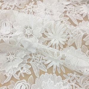 Tissu en organza brodé floral 3D stéréo, dentelle soluble dans l'eau, largeur 120 cm, tissu brodé pour robe de mariée - Product Image 2