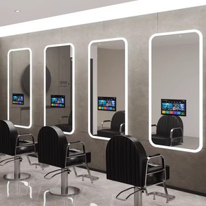 Semplice Postazione da Barbiere in Acciaio Inox, Attrezzatura per Salone, Specchio per Parrucchiere con TV e Luci da Parete - Product Image 1