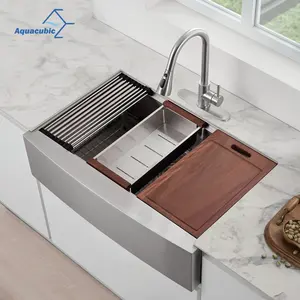 Kitchen Sinks Prices USA Hot Selling 33" Single Bowl Farmhouse Handmade 304 Stainless Steel Workstation Apron Front Kitchen Sink With Drainboard