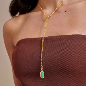 Оптовая продажа, 14K позолоченный квадратный Изумрудный Циркон, ожерелье, модные украшения с длинной цепочкой из бисера, в основном из латуни, меди - Product Image 6