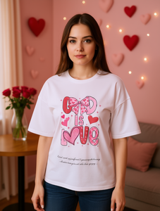 T-shirt da donna God Is Love, vestibilità regolare, girocollo, manica corta, fiocco rosa, cuori, stile casual, 100% cotone jersey, primavera estate - Product Image 2