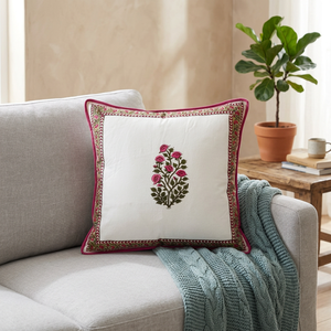 Housse de coussin carrée PRABHAVA 16x16 en coton 400TC, imprimée à la main, motif floral bohème vintage, avec fermeture éclair, lavable, pour décoration - Product Image 2