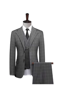 Costume d'affaires élégant et respirant à coupe ajustée, motif à carreaux gris classique, ensemble <span class=keywords><strong>3</strong></span> pièces, pour mariage, cérémonie, bal de promo, revers en pointe, Terno - Product Image 6