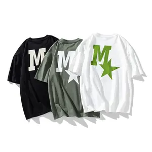 Letter Star Pattern Puff Printing High Quality Blank Oversized T-shirt Retro American Style Street Wear Trendy Short Sleeves