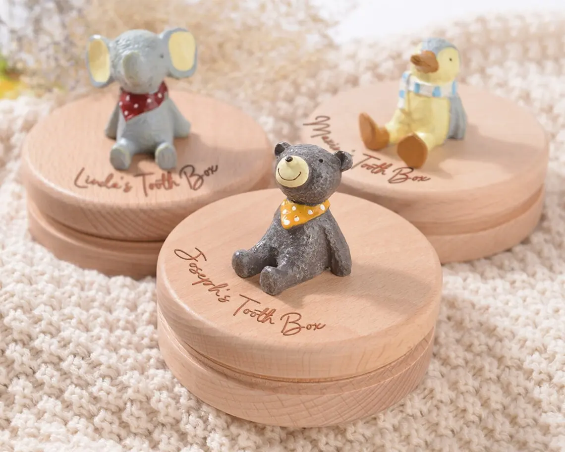 Natural Wooden Baby Tooth Storage Box Personalized Tooth Fairy Box Cartoon Animal Deer Rabbit Flip Tooth Box