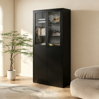 Meuble de rangement en acier noir à double porte, vitrine supérieure en verre et bibliothèque inférieure solide autoportante pour bureau à domicile