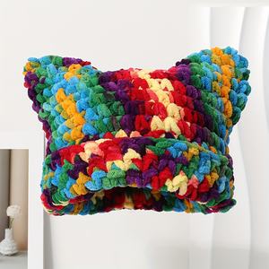 PARTYMENT Bonnet en tricot d'hiver pour femmes et hommes, fait main, rayé arc-en-ciel, crochet, oreilles de chat, style grunge, bonnet ample - Product Image 1