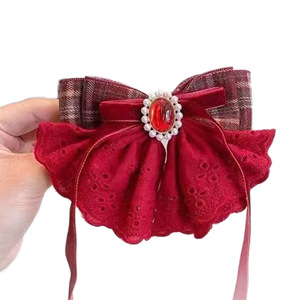 <b>Red</b> Lace <b>Bow</b> Hair Clip 14 Cm Top Clamp For Girls New Year Headdress High Quality - Product Image 5