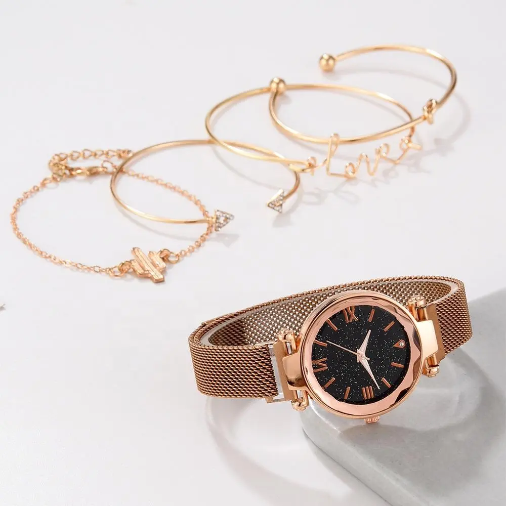 5PCS Set with box Watch Women wrist Luxury box Crystal Diamond Rose Gold Ladies Wrist Watches Bracelet Female Clock Gift
