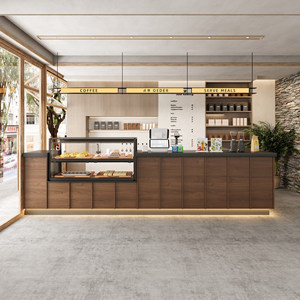 Koffieshop houten servicebalie met geïntegreerde kassa, displaykast en grote opbergruimte - Product Image 1