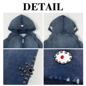 Sweat à capuche unisexe KingSen personnalisé avec strass, fermeture éclair, imprimé streetwear, patchwork, 100 % coton, écologique - Product Image 6