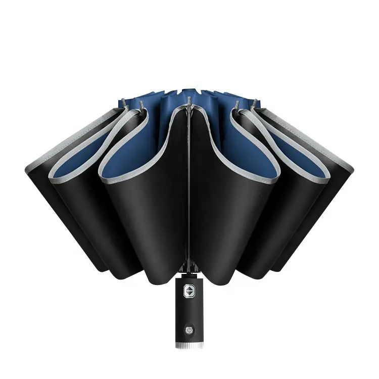 反射ストリップ付きの新しい逆さまのフルオートカーリバース傘LED懐中電灯折りたたみ傘