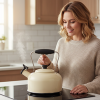 Bouilloire sifflante en acier inoxydable de 3 L, vente en gros d'usine, couleur personnalisée, théière à eau chaude pour tous les types de cuisinières, poignée pliable