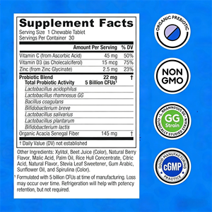 Tabletas Masticables Probióticas para Niños |   5 mil millones de UFC |   7 Cepas con Prebióticos Orgánicos para el Apoyo del Bienestar Digestivo e Inmunológico - Product Image 6