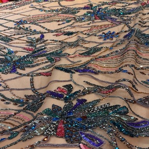 Elegant Embroidery <b>Fabric</b> with Pearls Glitter Sequins and Decorative Beads for Couture Dresses Stage Costumes and Event Outfits - Product Image 1