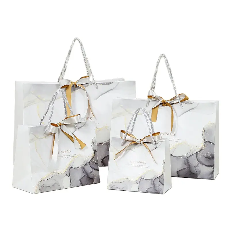 Bolsas de papel Kraft con logotipo personalizado de 250GSM, bolsas de papel con lazo, bolsas de compras de color mármol para embalaje de joyas
