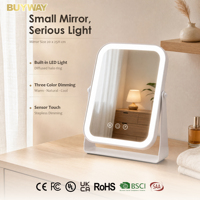 Miroir de maquillage éclairé blanc 20x25cm, miroir de bureau rotatif à 360°, coins arrondis, 3 modes de couleur, variateur d'intensité, capteur tactile, 1X HD