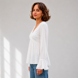 Women's V Neck Lace Trim <b>Crop</b> Blouse Casual Loose Fit High Waist Babydoll <b>Top</b> Lightweight Feminine Tee - Product Image 6